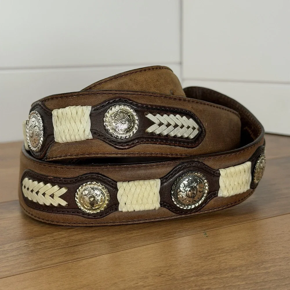Justin 44 Belt Western Cowboy Concho Rawhide Stitch Two Tone Rodeo *No Buckle*